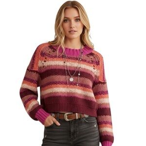 NWT Free People Devon Stripe Crop Sweater in Fuschia Rose Combo Size M
